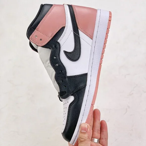 Nike Air Jordan 1 Retro High Og Black, White, And Rusty Pink Sneakers